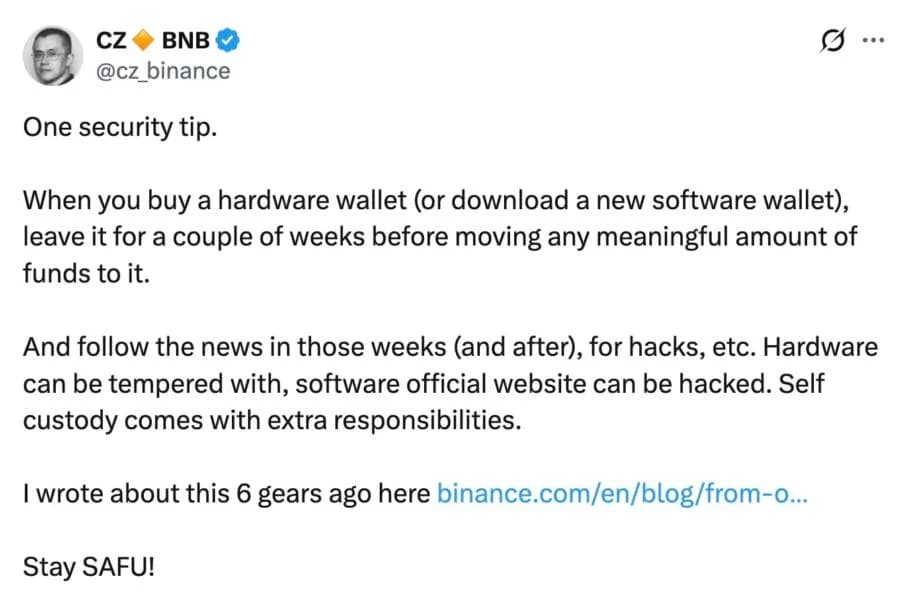 Binance Founder CZ Urges Wallet 'Quarantine' After $86 Million Ledger Reseller Hack