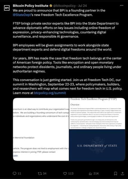 Bitcoin advocacy group to join US State Department’s ‘digital freedom’ program