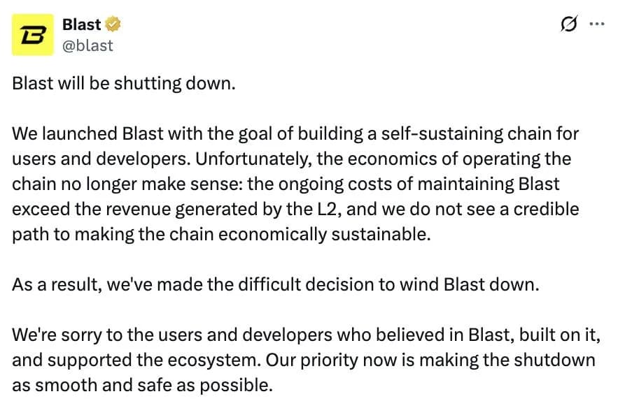 Blast to wind down Ethereum L2 after costs outpace revenue