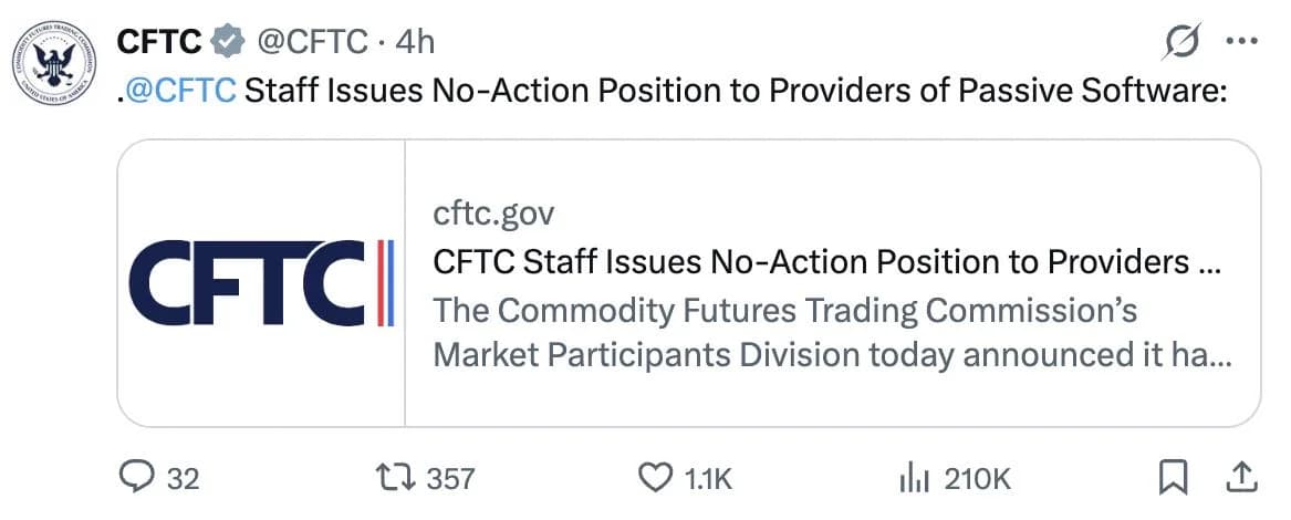 CFTC expands regulatory relief for passive trading software providers
