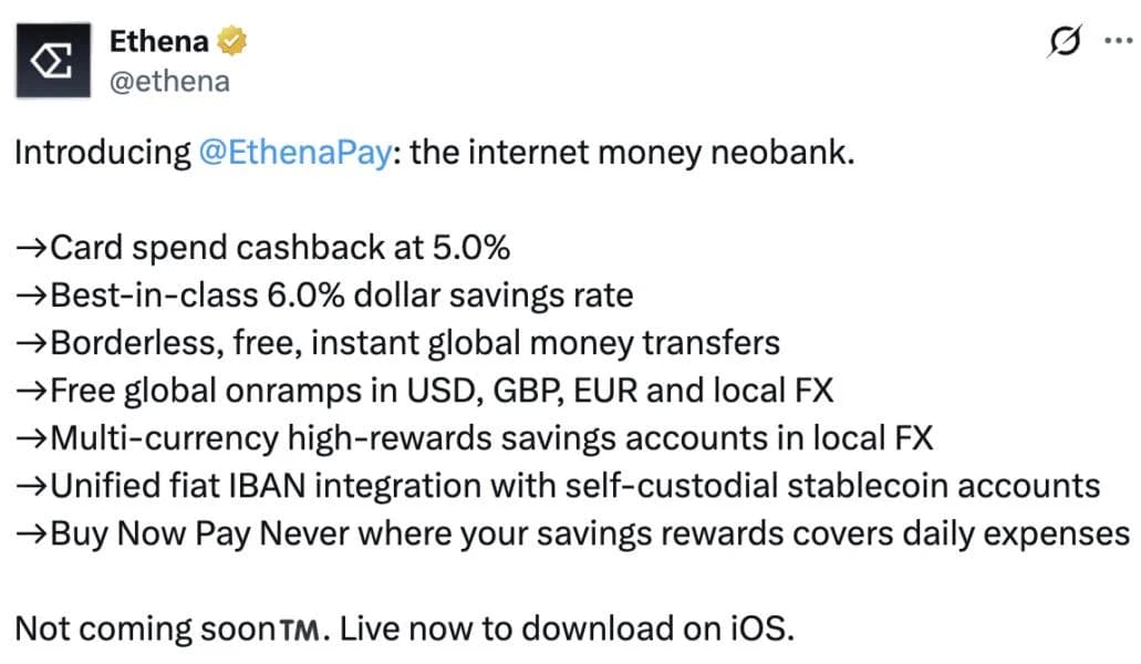 Ethena launches USDe payments app, offers 6% rewards