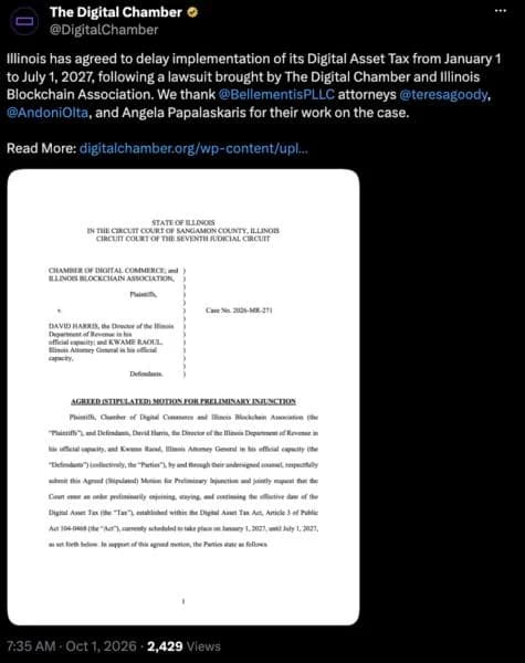 Illinois will postpone implementation of crypto tax following lawsuit