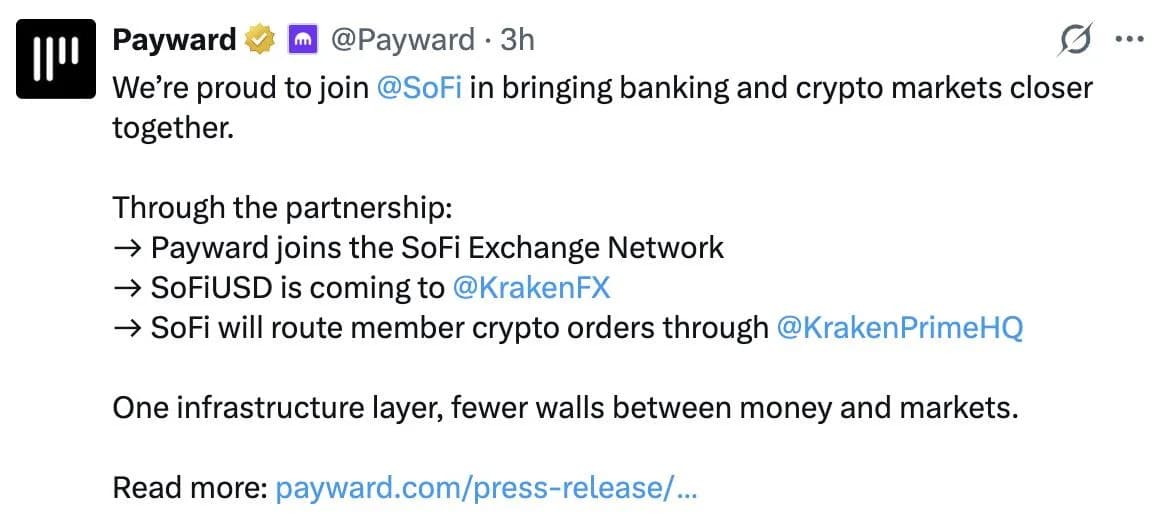 Kraken parent Payward partners with SoFi on stablecoin, 24/7 settlement