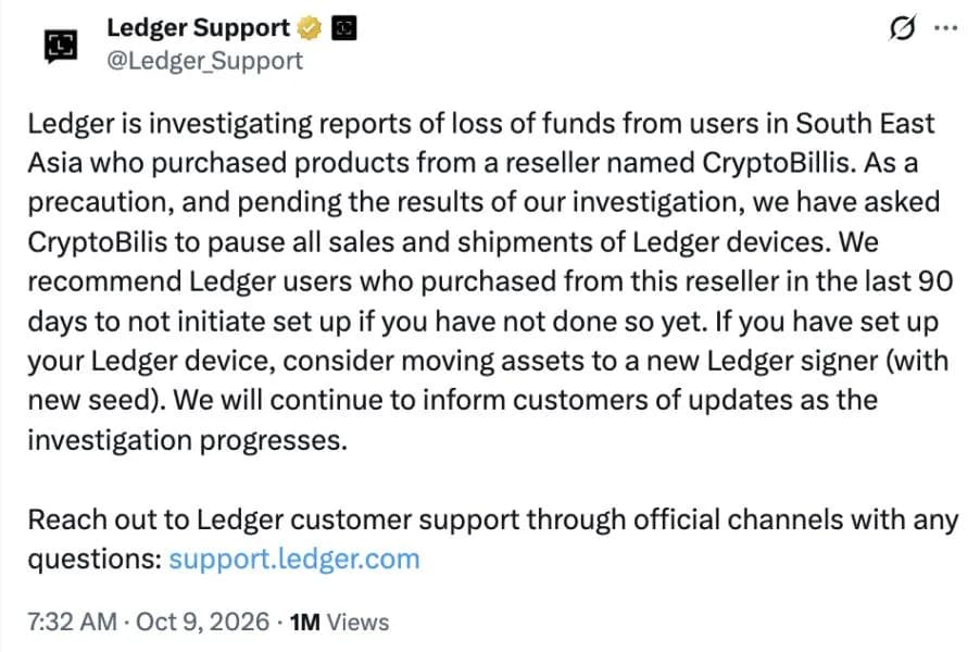 Ledger investigates fund losses linked to Southeast Asian reseller, warns users