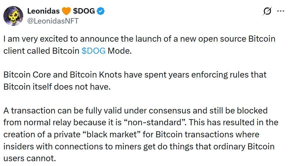 Ordinals advocate Leonidas proposes new Bitcoin client: ‘$DOG Mode’