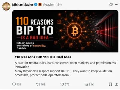 Michael Saylor Opposes BIP 110, Says Proposal Risks Bitcoin’s Neutrality