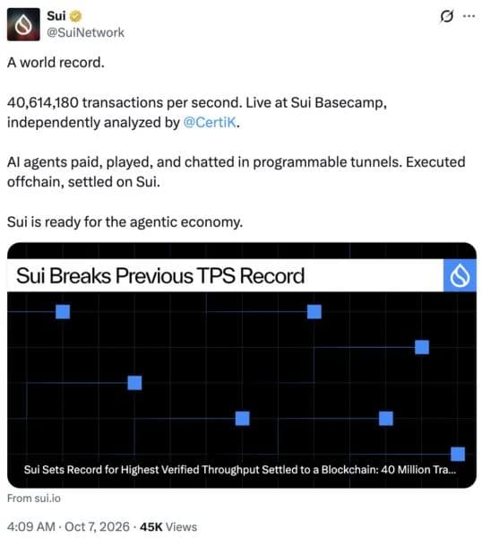 Sui tunnels hit 40.6M TPS in live AI agent test