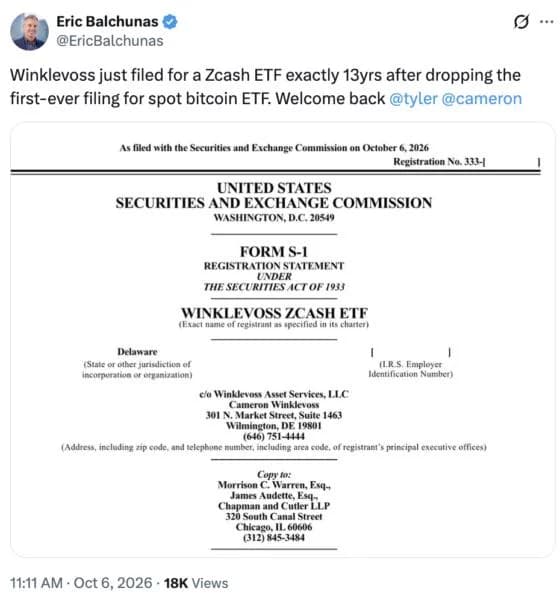 Winklevoss-backed Zcash ETF files with SEC for Nasdaq listing