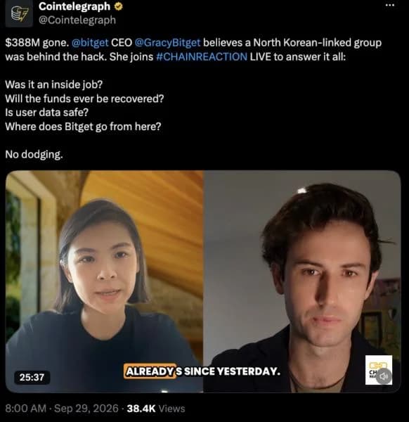 Bitget CEO ‘not very optimistic’ on recovering funds from $388M breach