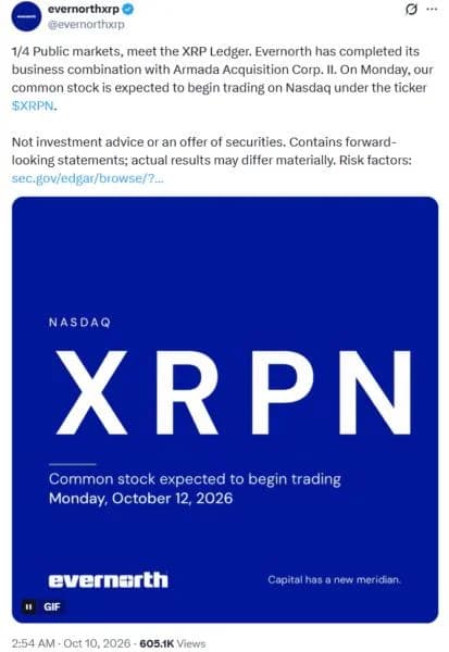 Evernorth XRP Treasury Merger Brings 473 Million XRP to Nasdaq as XRPN Debuts October 12