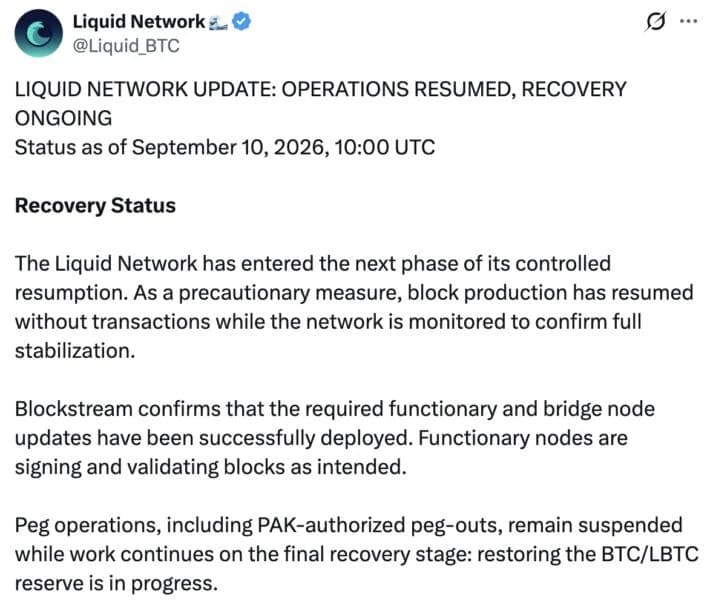 Liquid Network resumes block production after $320M exploit