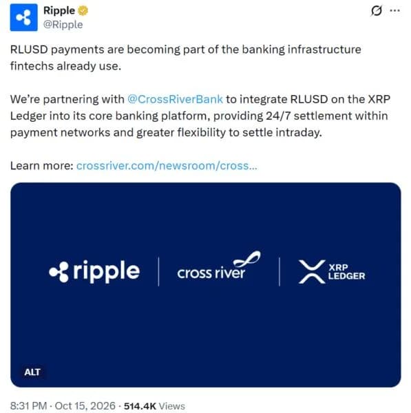 Ripple Brings RLUSD to Cross River Bank as Garlinghouse Backs Evernorth’s XRP Strategy