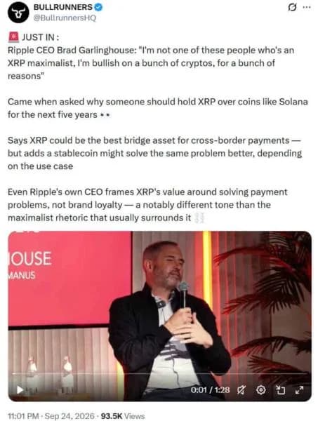 Ripple CEO Brad Garlinghouse Says XRP and Solana Can Both Thrive in Crypto’s Next 5 Years