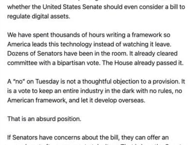 Senator Bernie Moreno Turns Up Pressure On Senate Ahead Of Crucial CLARITY Act Vote, Says It Is Not ‘Final Passage’