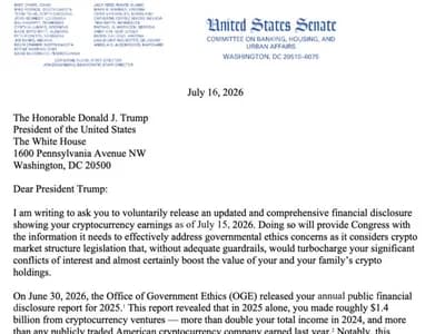 Senator Warren requests 2026 reporting for Trump’s crypto earnings after $1.4B disclosure