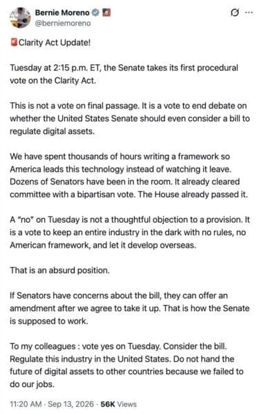 Senator Bernie Moreno Turns Up Pressure On Senate Ahead Of Crucial CLARITY Act Vote, Says It Is Not ‘Final Passage’