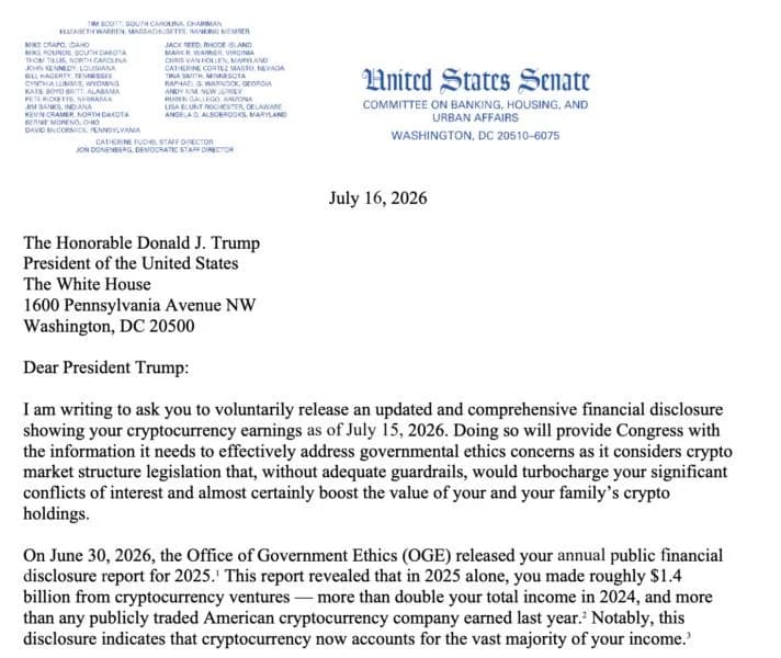 Senator Warren requests 2026 reporting for Trump’s crypto earnings after $1.4B disclosure