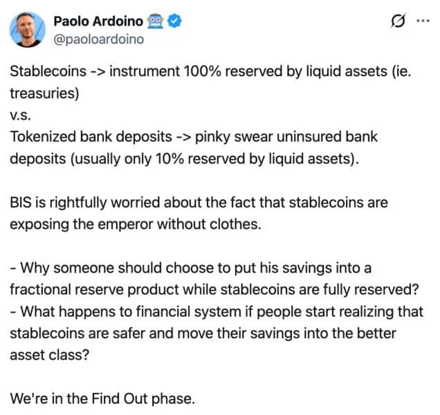 Tether CEO Says Bank For International Settlements Is ‘Rightfully Worried’ Stablecoins Expose Banking’s Fractional-Reserve Problem