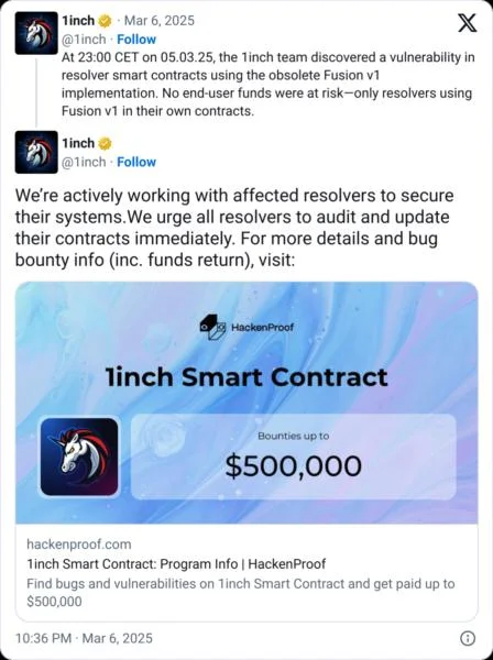 1inch suffers $5M hack due to smart contract vulnerability