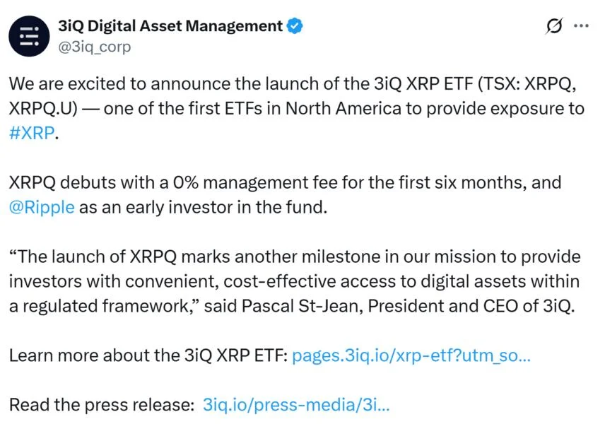 3iQ launches XRP ETF on Toronto Stock Exchange with Ripple as investor
