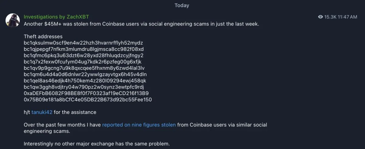 $45 million stolen from Coinbase users in the last week — ZackXBT