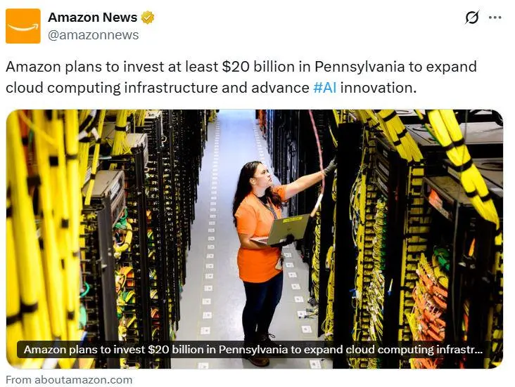 Amazon doubles down on AI with $20B Pennsylvania investment