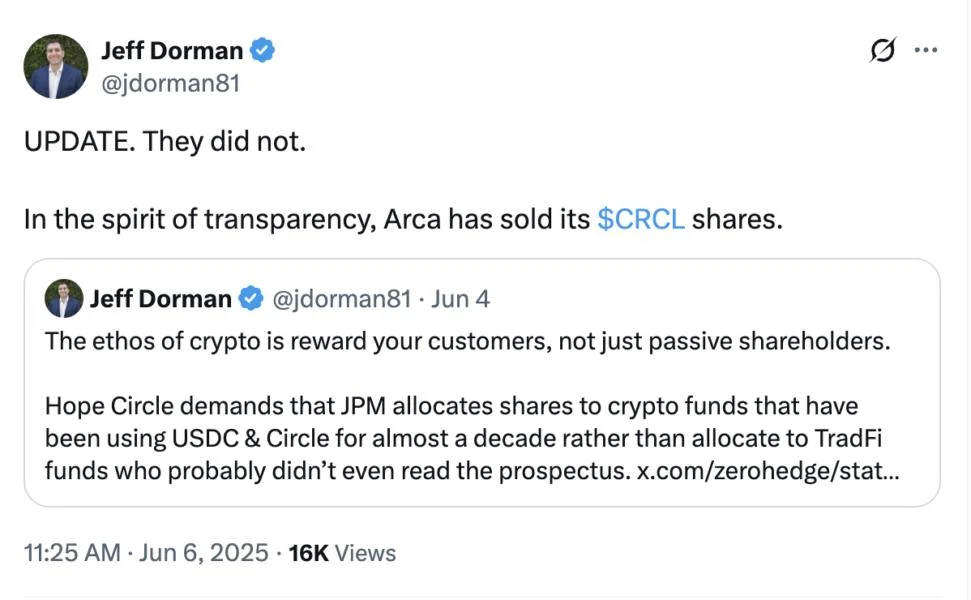 Arca unloads Circle shares after scathing IPO letter