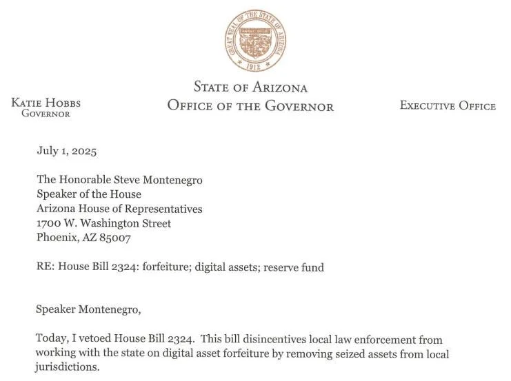 Arizona governor vetoes bill to stockpile seized crypto