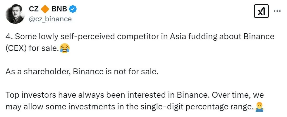 Binance co-founder CZ dismisses crypto exchange sale rumors