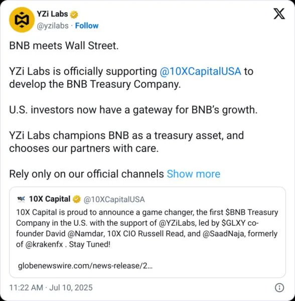 Binance founder’s family office backs BNB treasury firm eyeing IPO