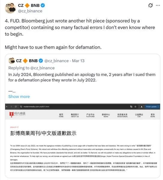 Binance’s CZ threatens to sue Bloomberg over Trump stablecoin report