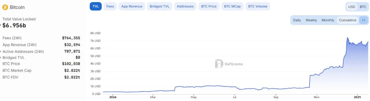 Bitcoin DeFi TVL up 2,000% amid bumper 2024 for BTC price, adoption