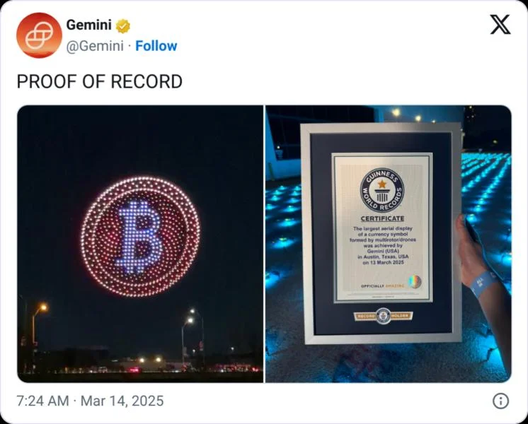 Bitcoin logo shines over Austin, Texas as Gemini sets new world record