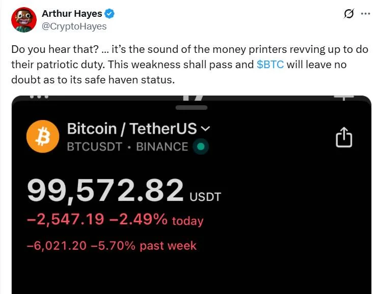 Bitcoin ‘weakness shall pass’ after dip below $100K: Arthur Hayes