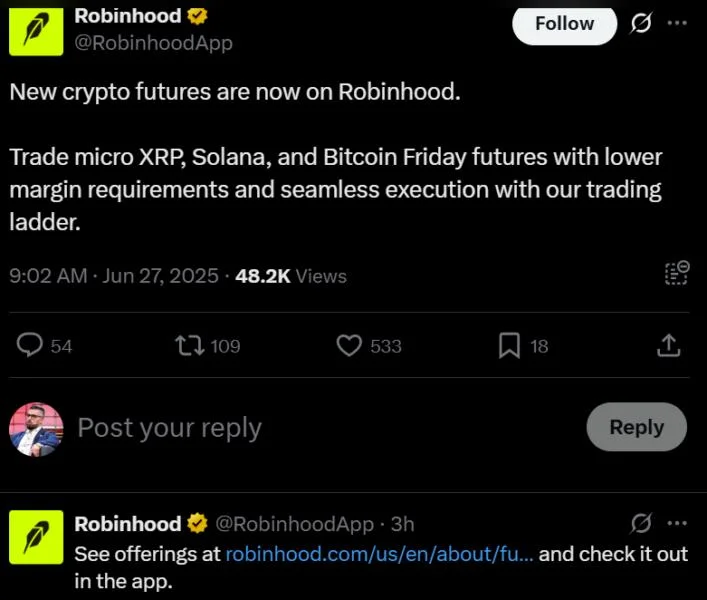 Bitcoin, XRP, SOL futures launch on Robinhood