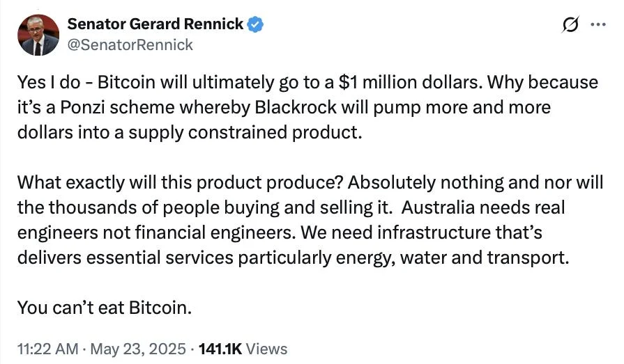 Bitcoiners fire back at Aussie senator's 'you can't eat Bitcoin' remark