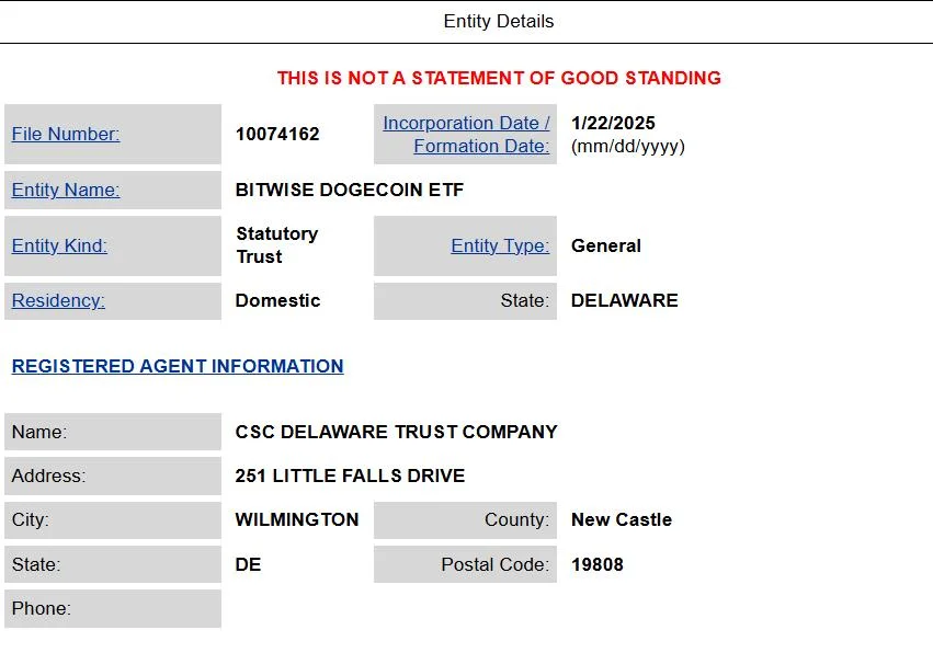 Bitwise Applies for Dogecoin ETF with Delaware Trust Filing