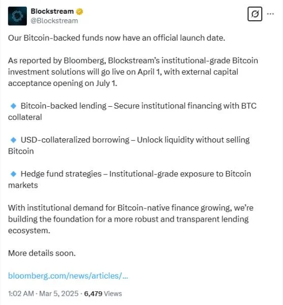 Blockstream to launch Bitcoin lending funds with multi-billion investment