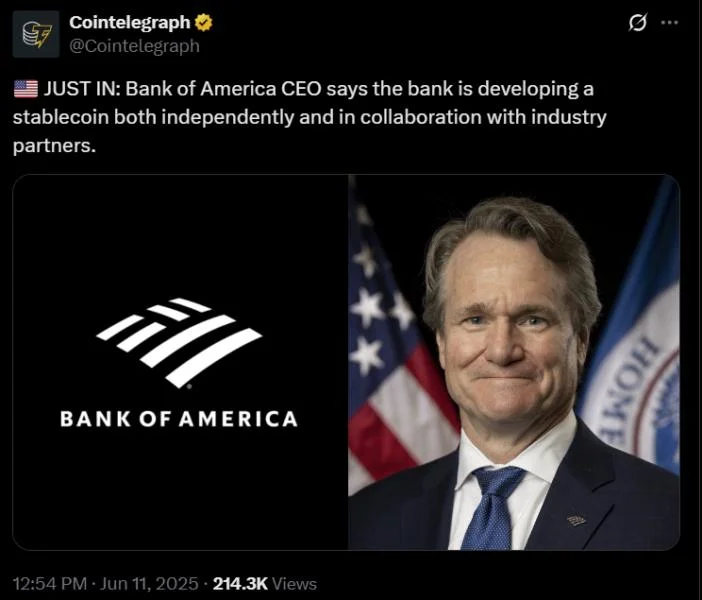 BoA exploring stablecoins to help move trillions in client transactions, CEO says