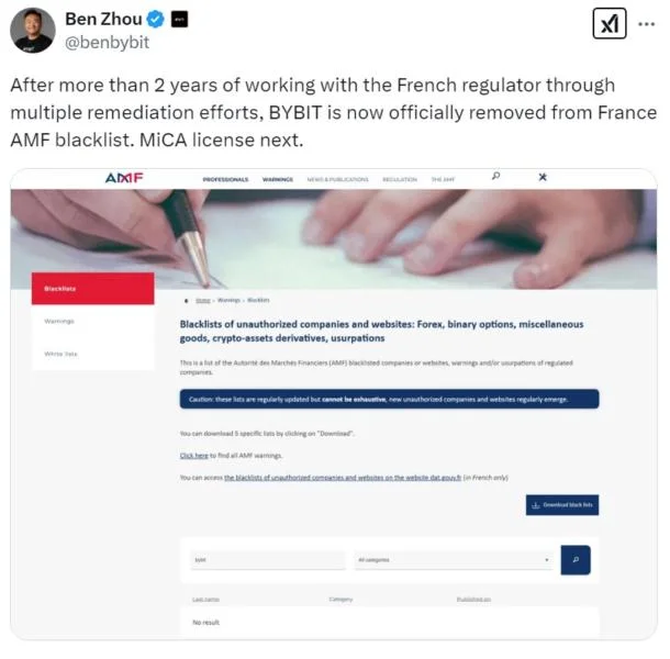 Bybit removed from France’s AMF blacklist, eyes MiCA license