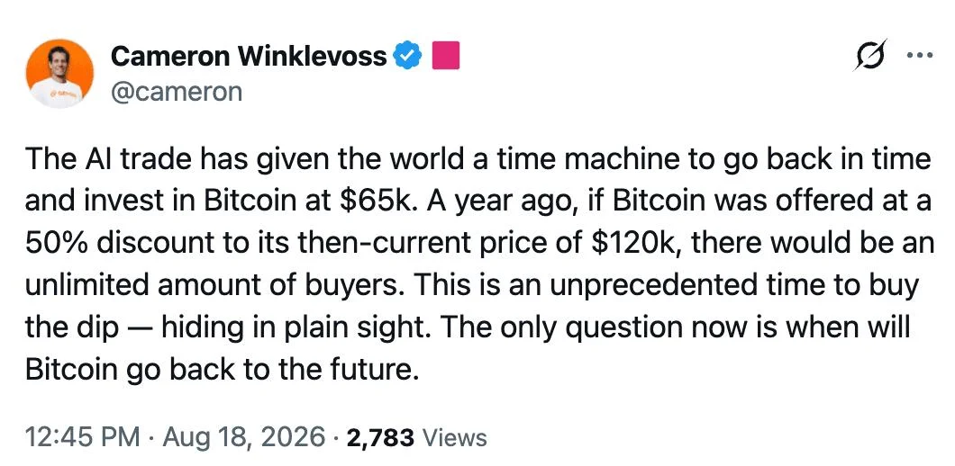 Cameron Winklevoss Says AI Trade Gave Bitcoin Investors A 'Time Machine' With BTC At $65K