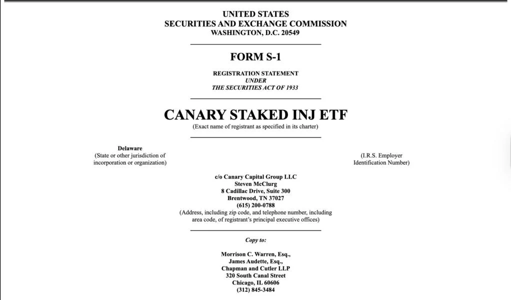Canary Capital bets on Injective with staked ETF filing