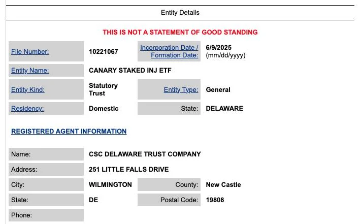 Canary Capital spins up Delaware trust for staked Injective ETF