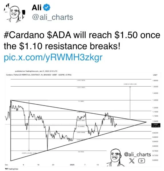 Cardano’s ADA Token Poised for 50% Surge as Key Resistance Nears Breakthrough: Analyst