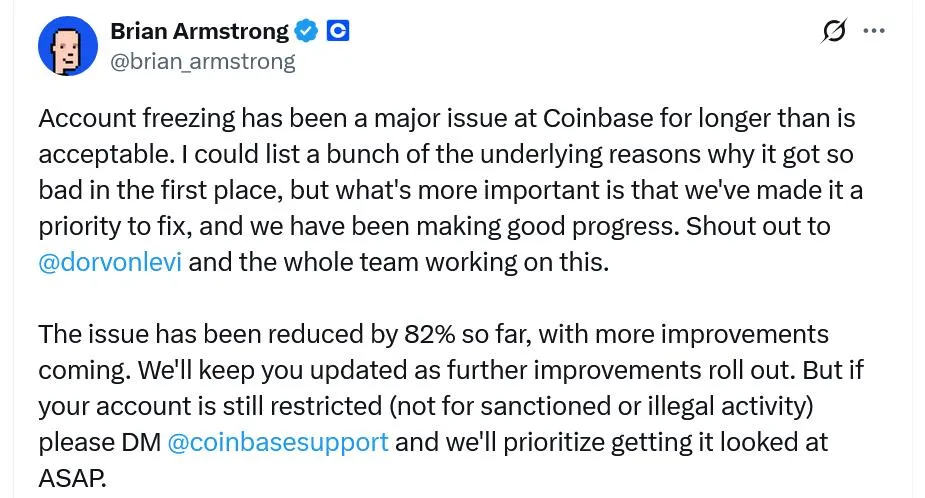 Coinbase CEO says unnecessary account freezes cut by 82%