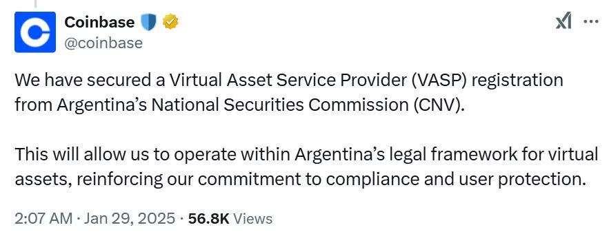 Coinbase gains approval to expand service offering in Argentina