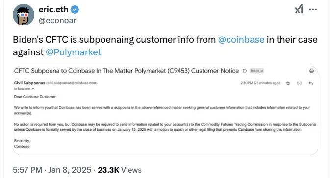 Coinbase reportedly informs users of CFTC subpoena involving Polymarket