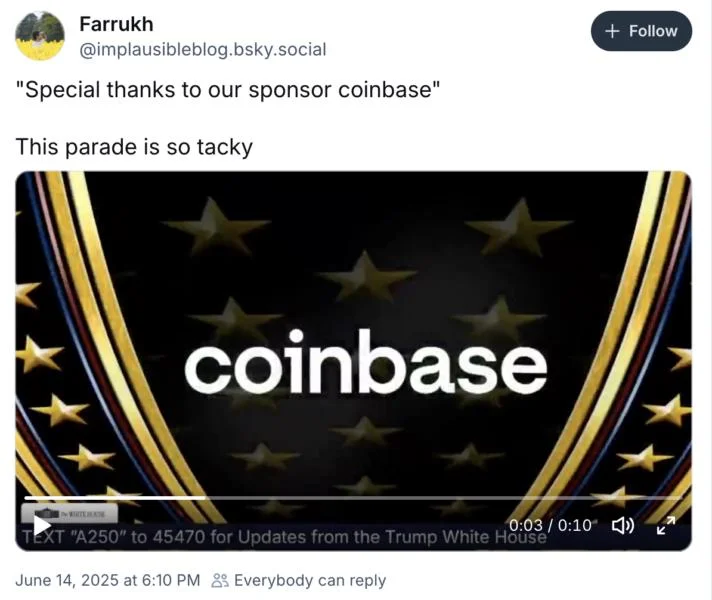 Coinbase slammed for backing US Army parade