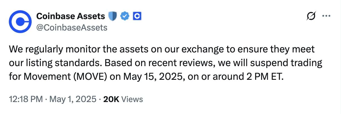 Coinbase suspends trading for MOVE token