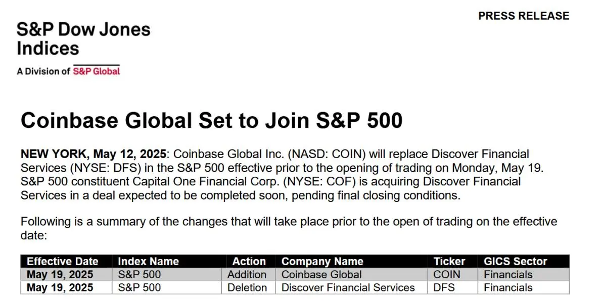 Coinbase to become the first crypto firm to join the S&P 500